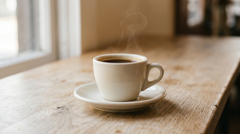 A generated still life, not a photograph of this business: a steaming cup of coffee on a counter by a window.