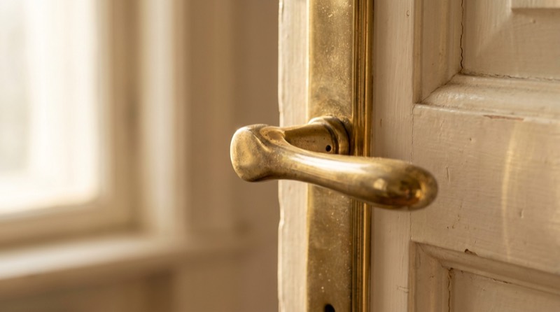 A generated still life, not a photograph of this business: a brass handle on a white panelled door.