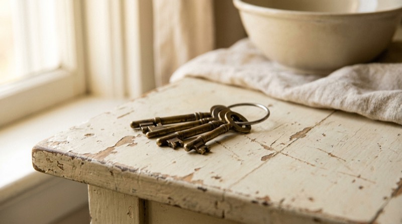 A generated still life, not a photograph of this business: a ring of old brass keys on a painted stool.
