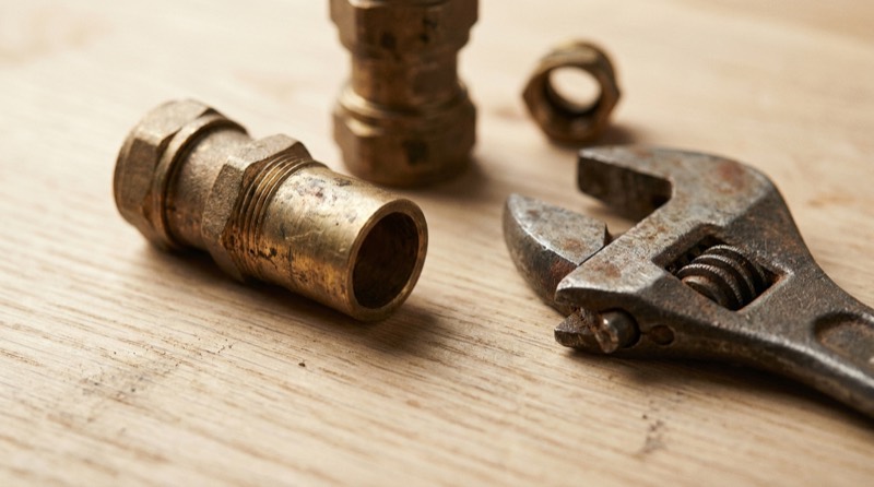 A generated still life, not a photograph of this business: brass pipe fittings and an old wrench on a wooden bench.