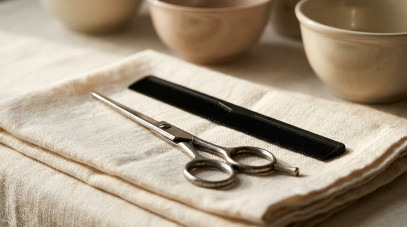 A generated still life, not a photograph of this business: scissors and a comb on folded linen.