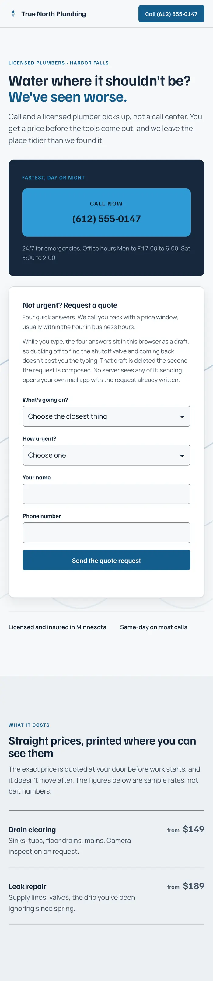 A plumbing company's home page on a phone: the business name, a headline, a large call button with the phone number, and a short quote form.